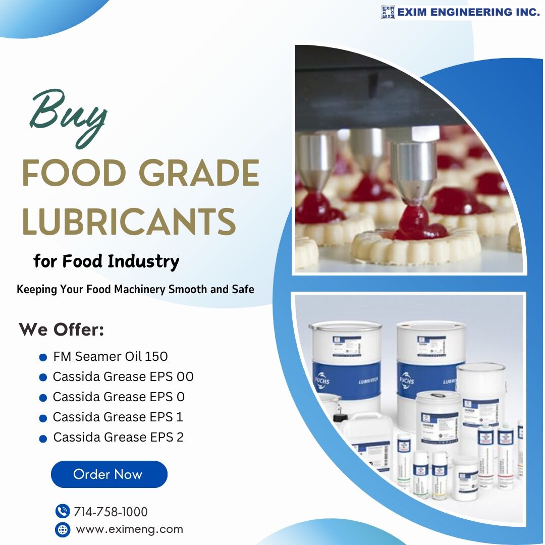 Elevate your operational efficiency and maintain the highest level of food safety with Exim Engineering's Food Grade Lubricants.
Visit our website bit.ly/4820rkx or contact our sales team at 714-758-1000. 
#EximEngineering #FoodGradeLubricants #FoodSafety