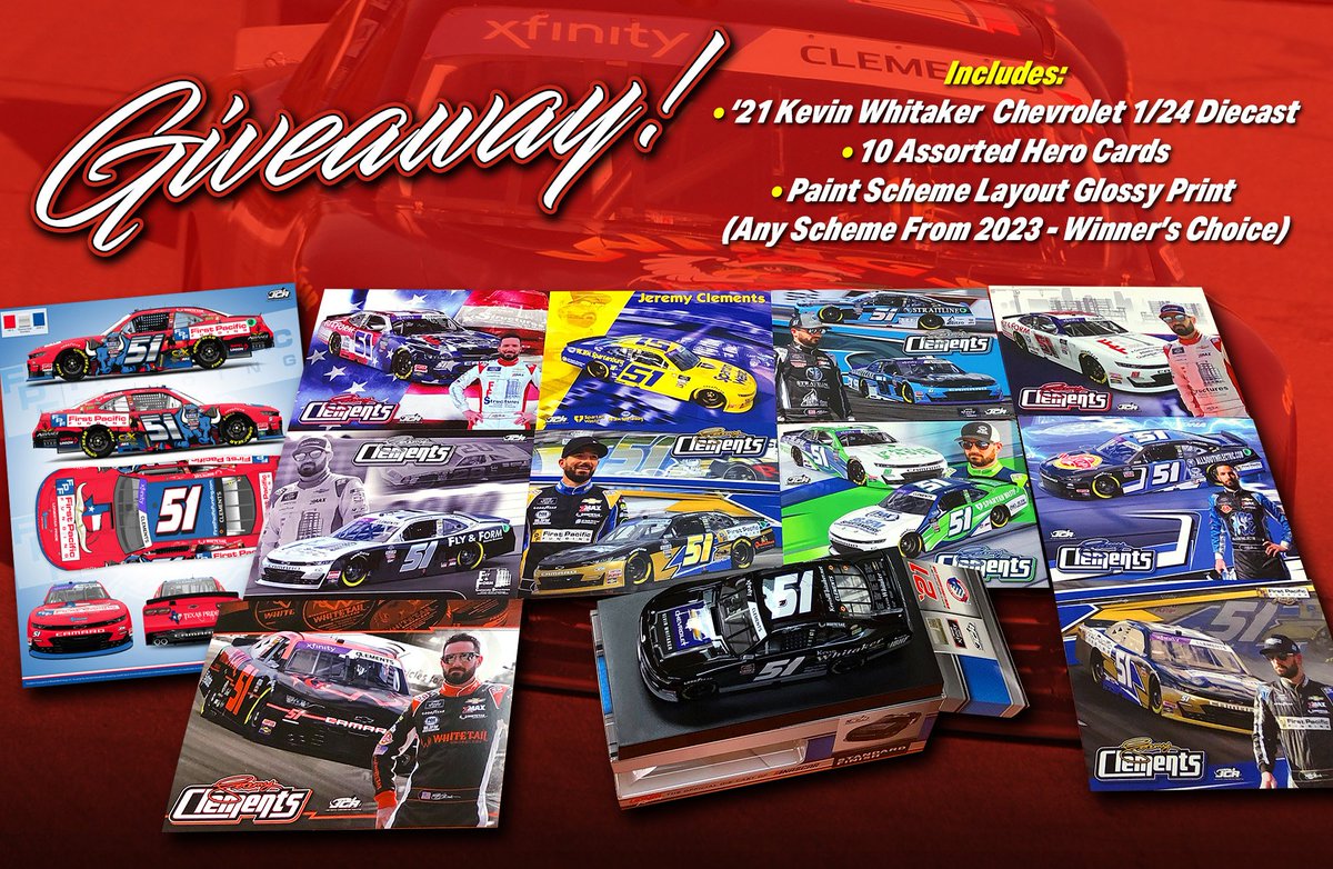 For our appearance tonight on the @JClements51 fan podcast @AREA_51Podcast, let's do a GIVEAWAY!  Follow, Retweet and Reply why you want this prize pack!  Includes a diecast, hero cards and an original layout glossy print of any '23 @JCR_Clements51 scheme of the winner's choice