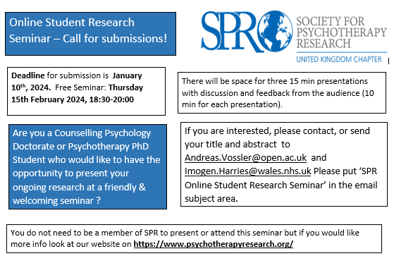 ImogenHarries's tweet photo. Psychotherapy PhD and counselling psychology students - LAST CALL FOR SUBMISSIONS, 10th Jan.
A great opportunity to present your on going research. We welcome interest from all stages of your research journey. Further details at https://t.co/DQRRSnrAFA  
#TherapistsConnect https://t.co/ilRrXIlPJJ