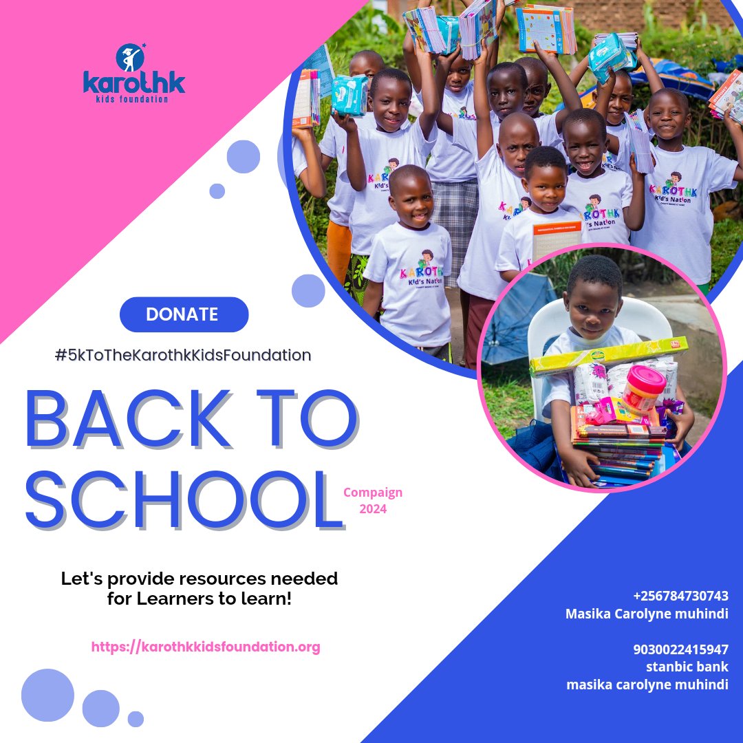 Be part of the <a href="/Kkids_Foundatn/">Karothk KIDS Foundation 🇺🇬</a> "2024 Back to school" compaign by donating 5000. Ugsh .
Help us provide the resources needed for Learners to learn.
 
A quality education is a gateway to opportunity and children cannot achieve their potential without it.