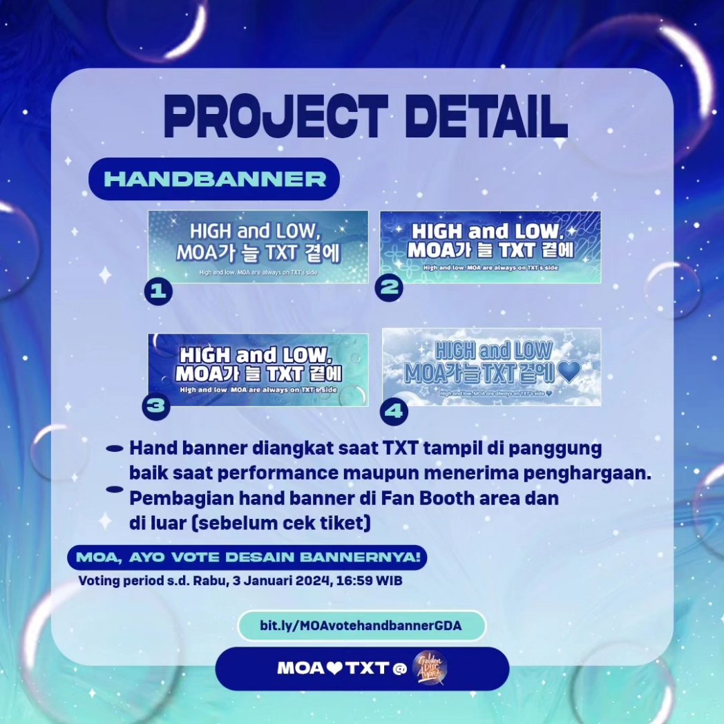 txtmoakrw's tweet photo. Untuk mendukung TXT di GDA 2024, MOA membuat project bersama, yaitu : 
• Handbanner
• Blue Flashlight 
• Penitipan Freebies 

untuk menentukan design hand banner yang akan digunakan, diadakan voting bersama melalui link 🔗: https://t.co/us4uE8gYow…

See you in venue MOA🩵 https://t.co/WcLreyw3kc