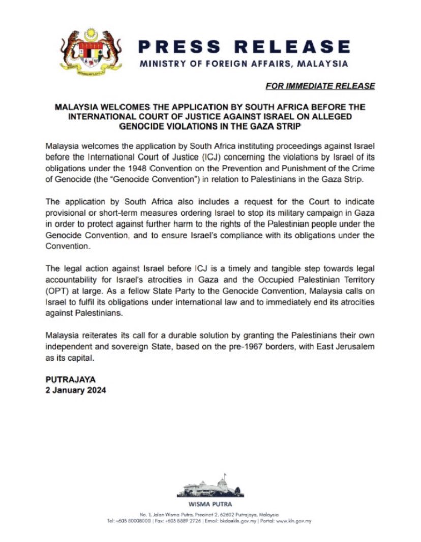 BREAKING: Malaysia endorses South Africa’s application before the International Court of Justice against Israel for committing genocide in Gaza.