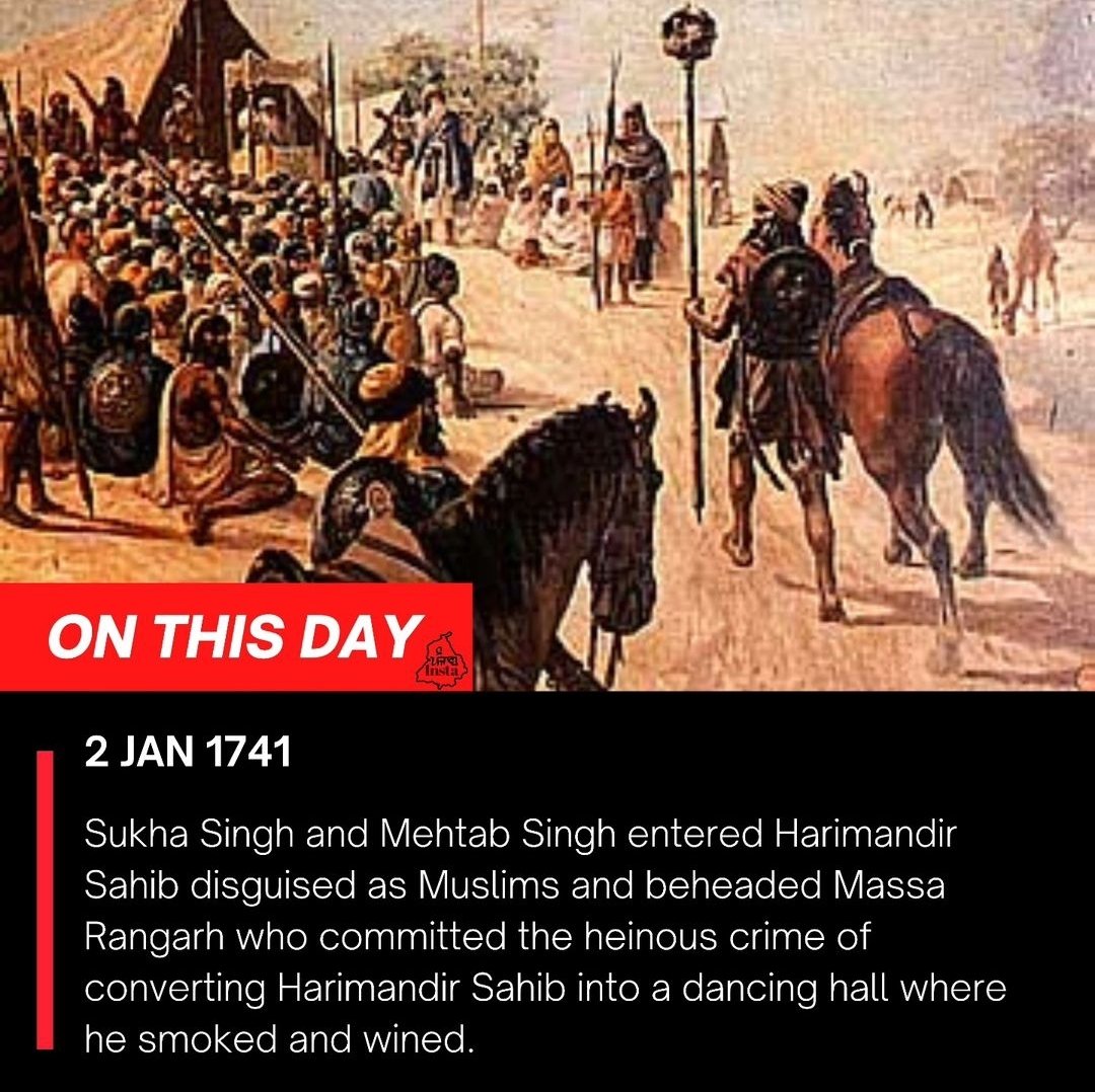 SherePanjabUK's tweet photo. Sukha Singh and Mehtab Singh entered Harimandir Sahib disguised as Muslims and beheaded Massa Rangarh who committed the heinous crime of converting Harimandir Sahib into a dancing hall where he smoked and wined. https://t.co/xNtk59RKI2