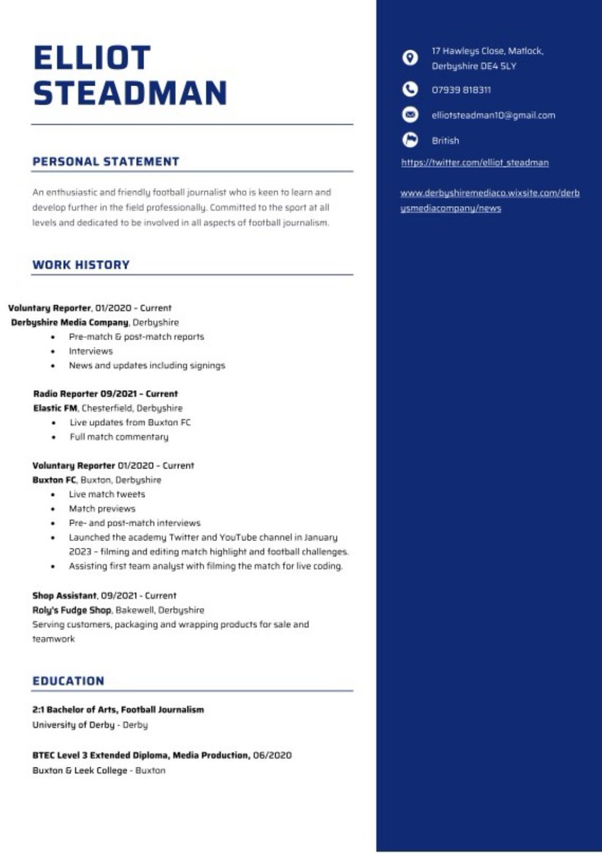 elliot_steadman's tweet photo. I’m on the look out for my first Fulltime role in the football journalism industry following graduation in the summer at the University of Derby. 

My messages are always open for any potential opportunities and my current CV is attached below.

#journalismjobs #JournoRequest https://t.co/0Bwfu5BGSE