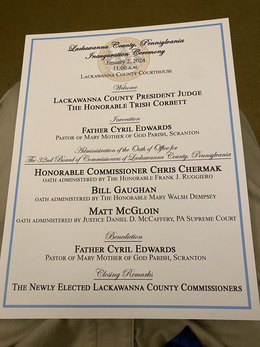 NEPAPolitics's tweet photo. The program for the swearing in of the next Lackawanna County Board of Commissioners scheduled for 11 am at the courthouse https://t.co/DWUWKE6bU7