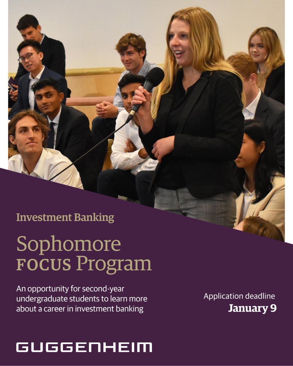 Guggenheim’s Sophomore FOCUS program is a unique opportunity for second-year undergraduates to advance their professional development and secure a competitive interview spot for the 2025 internship program. Deadline to apply is noon on Tuesday, January 9. gugg.gp/3tzkJCM