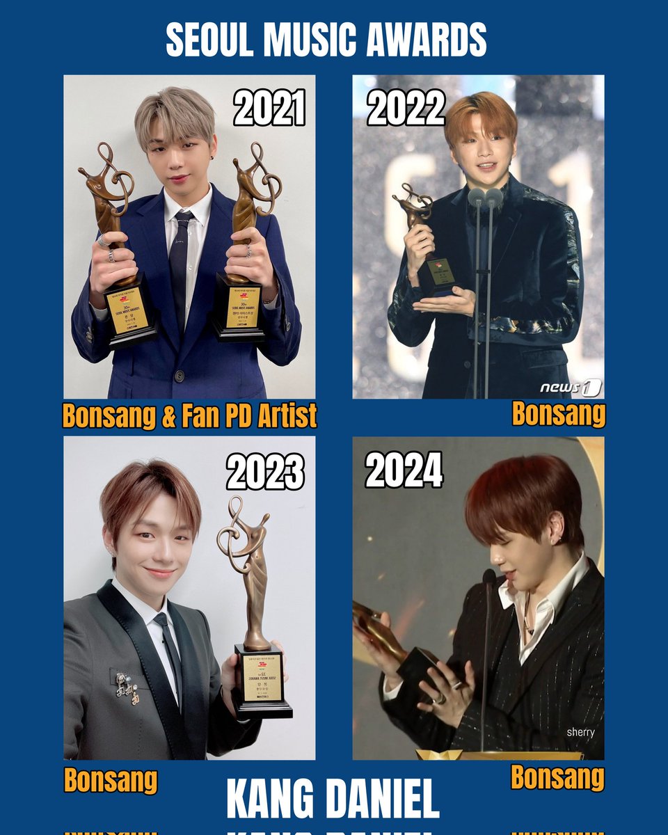Singer Kang Daniel has won 5 awards at Seoul Music Awards: 30th SMA ~ Bonsang [Magenta] & Fan PD Artist Award 🏆🏆 31st SMA ~ Bonsang [Yellow]🏆 32nd SMA ~ Bonsang [The Story]🏆 33rd SMA ~ Bonsang🏆 @konnect_danielk #KANGDANIEL #강다니엘 #33rdSMAxKangDaniel #SMAinBKK