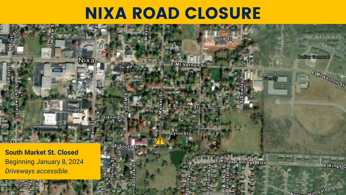 Nixa Road Closure: A contractor will be closing S. Market St. just south of Lynn St. beginning the week of January 8, 2024. Please find alternate routes during this time. Homeowners will still have access to their driveways. This closure is necessary for utility work.