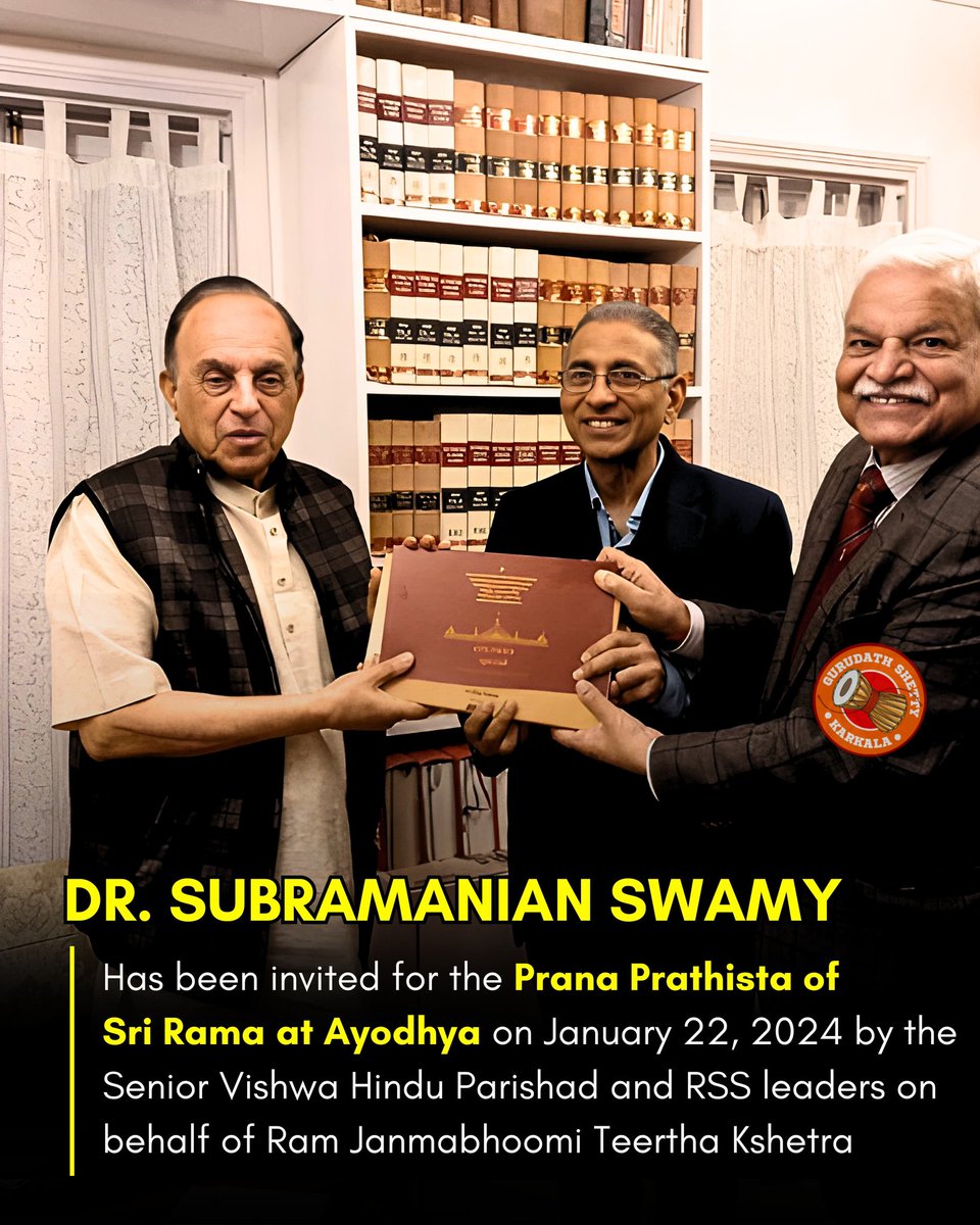 Senior #VHP_RSS leaders on behalf of #Ram_Janmabhoomi_Teerth_Kshetra_Ayodhya called on #Guruvar Dr <a href="/Swamy39/">Subramanian Swamy</a> today evening at his  residence in New Delhi&amp;formally invited #Guruvar Dr Swamy &amp; #Guru_Maa Dr(Mrs) Roxna Swamy for the Pran Prathishta Ceremony at Ayodhya on 22nd Jan 2024