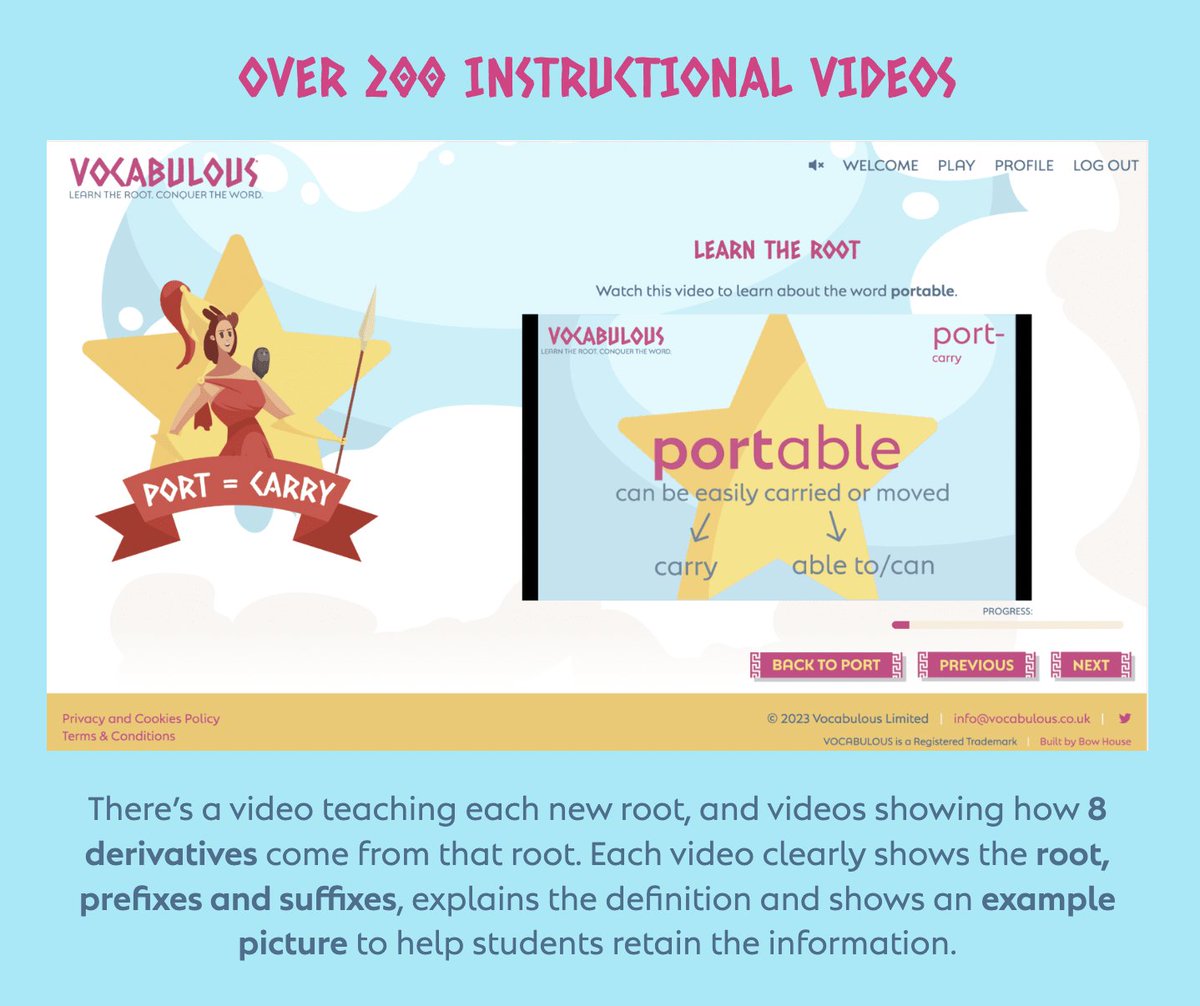 VocabulousUK's tweet photo. @VocabulousUK includes a video teaching each new #root, and videos showing how 8 #derivatives come from that root.
Each video clearly shows the #root, #prefixes and #suffixes, explains the #definition and shows an example picture to help students retain the information. https://t.co/RLQ2lnjDIs