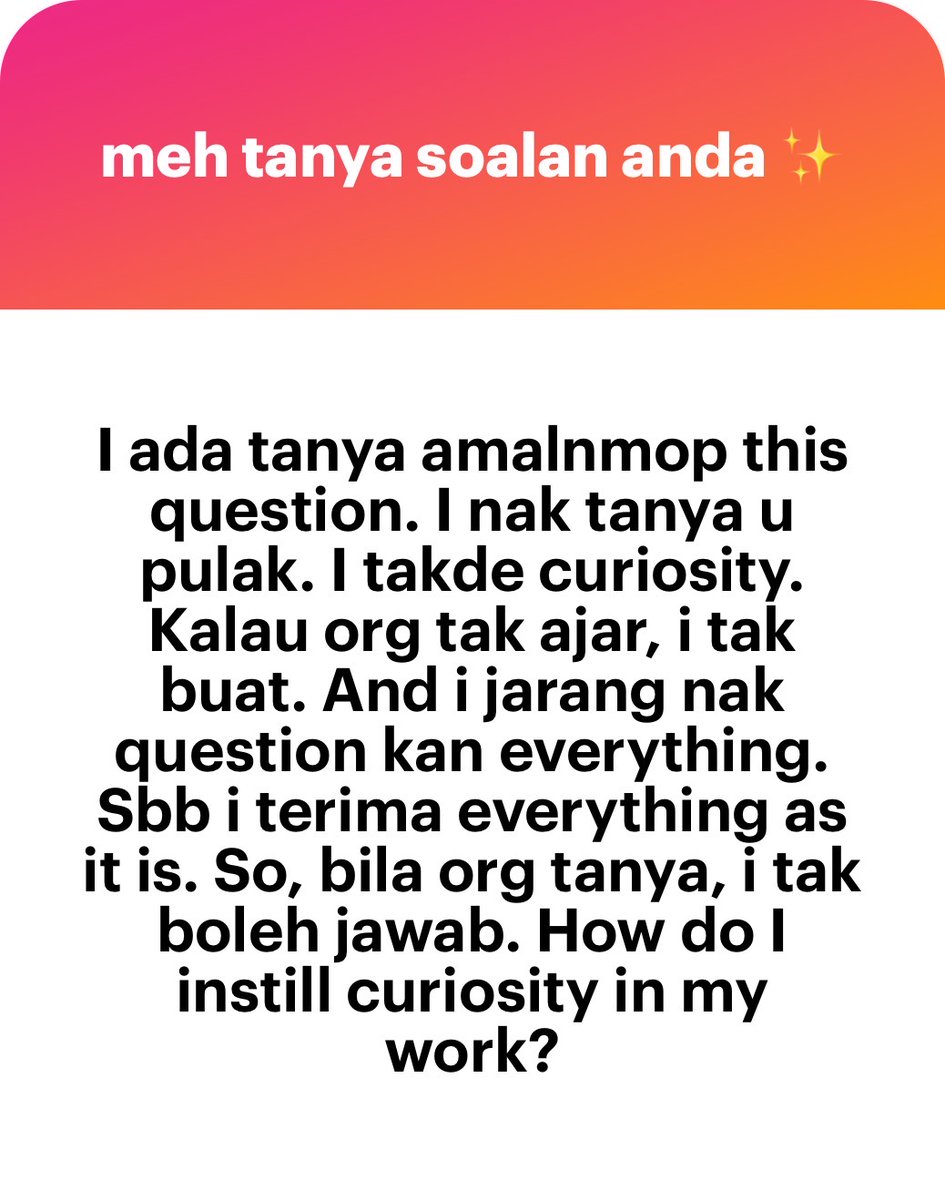 nazu2308's tweet photo. The more you read, the more curious you'll be.

Start by reading or exploring things outside of your comfort zone. It can just be mindless reading to start with until you find something you're interested about.

I kadang2 suka scroll Reels page kat Instagram, tetiba pagi tadi stumble upon a random account buat pottery tapi ya Allah sumpah cool gila terus terjerut tengok 30+ reels sebab macam menarik gila cara dia cerita.

Kalau nak relate to work pulak, I like to just talk to people in the company. Don't stay within your own team and department je. Hang out with others in the company, mula2 kita dengar je dia cerita apa.

Angguk2 kepala sikit, borak2 kosong. Then lama2 you can faham a little bit more about what they do, and hopefully you can see the overall view and that can help you be more curious about how your own work contributes to the overall system.

Buuuut that's just me. Setiap orang lain-lain.