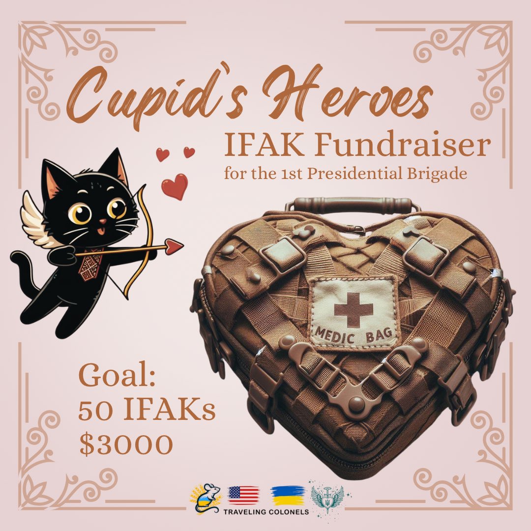 mishas_angels11's tweet photo. 💘Announcing “Cupid’s Heroes,” our IFAK Valentine’s Day fundraiser💘

🫡We are excited to partner with the Traveling Colonels (@medunard) &amp; @ChunguskaEvent to get IFAKs to our defenders, incl the 1st. Pres. Brigade. 

🙏Goal: 50 IFAKs x $60 = $3,000 

PP mishasangels11@gmail.com https://t.co/luWA7BDNZY