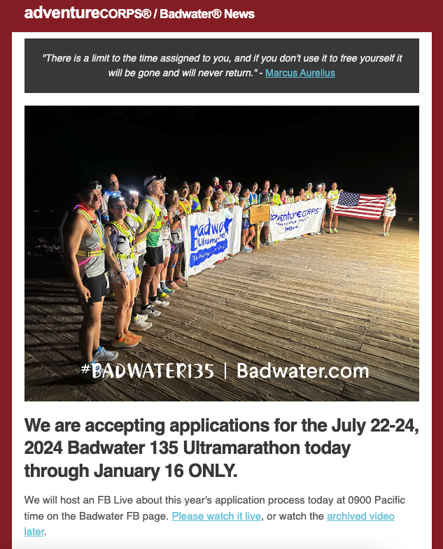 Check out our latest email newsletter, 'Badwater / AdventureCORPS News, 1-2-24: Applying for the 2024 Badwater 135 (FB Live today!)' You can also subscribe or check out past issues at this link: us11.campaign-archive.com/?u=352dd541671…