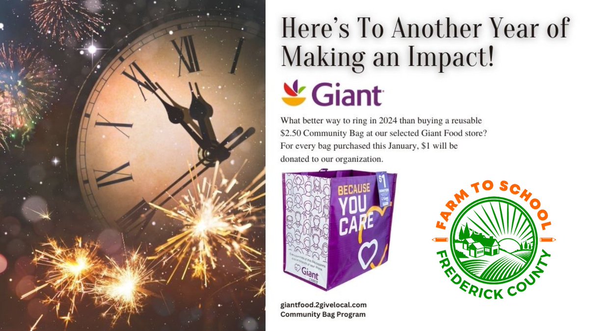 Farm to School Frederick (@f2sfrederick) on Twitter photo A new year brings new ways for #giving. Buy a #resuable bag in January <a href="/GiantFood/">Giant Food</a> on New Design Road in #FrederickMD and #F2SFrederick will receive a $1 donation for each bag purchased. #GiveWhereYouShop #CommunityGiving #NourishingEveryPlate #GivingMadeEasy A new year brings new ways for #giving. Buy a #resuable bag in January <a href="/GiantFood/">Giant Food</a> on New Design Road in #FrederickMD and #F2SFrederick will receive a $1 donation for each bag purchased. #GiveWhereYouShop #CommunityGiving #NourishingEveryPlate #GivingMadeEasy