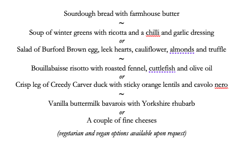 January sale at <a href="/ElystanStreet/">Elystan Street</a> -- £35 lunch and early bird supper menu is a steal. In the evening you have to eat between 6.30/6.45 most nights.