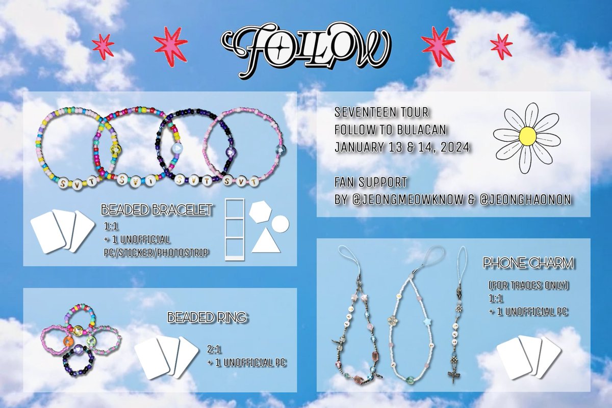 jeongmeowknow's tweet photo. ♡ SEVENTEEN TOUR
FOLLOW TO BULACAN FREEBIE ♡

☆ January 13 &amp; 14, 2024
☆ time &amp; loc: tba
☆ 1:1 only, limited quantity
☆ open for trade (dm @jeonghaonon)
☆ rt &amp; like this tweet to reach more carats 💕

#SEVENTEEN #세븐틴 #SVT_TOUR_FOLLOW #FOLLOW_TO_BULACAN https://t.co/4TIslEJTrR