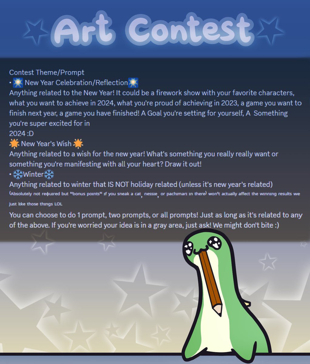 hola! if you're looking for a reason to start making more art - why not join our art contest?
check out the full announcement with all the details in my discord server (yes you can win stuff) :D discord.gg/RT9sT5pWKR

(but read the rules first >:c )