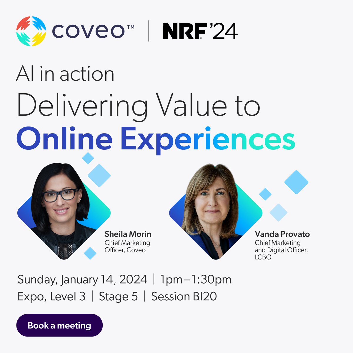 Coveo's CMO Sheila Morin will be joined by Vanda Provato, as they will dive deep into strategies and challenges faced in LCBO's 5-year digital transformation since implementing Coveo.

⏩ Book a meeting: lnkd.in/dDp48Tyx

#NRF2024 #Ecommerce #RetailInnovation #RetailTech