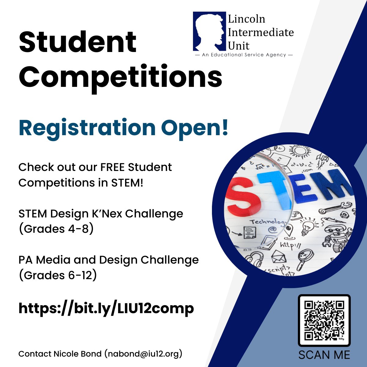 LIU12_EdTech's tweet image. Did you know we offer several FREE student competitions for students in York, Adams, and Franklin Counties? Registration is currently open for K&apos;Nex STEM Design Challenge AND our PA Media and Design Challenge. Registration deadlines are closing in! 
bit.ly/LIU12comp