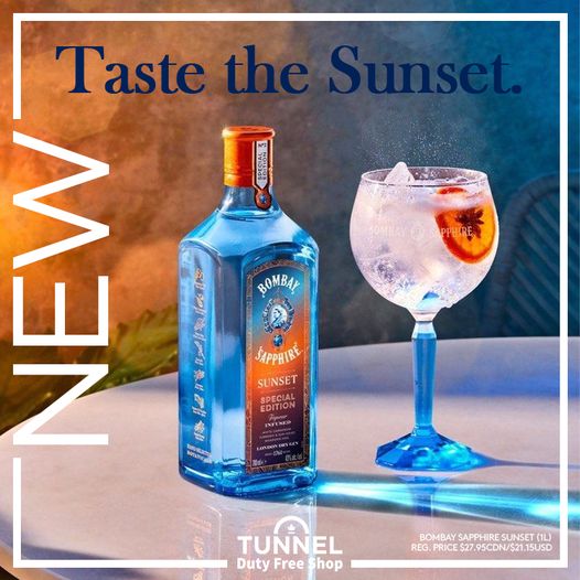 tunneldutyfree's tweet image. Bombay Sapphire presents a marvellous special edition London dry gin inspired by delicate warmth and golden orange glow of the setting sun – appropriately titled Bombay Sapphire Sunset! AVAILABLE NOW, specially priced at the #tunneldutyfree! #BombaySapphireGin #sunset #savings