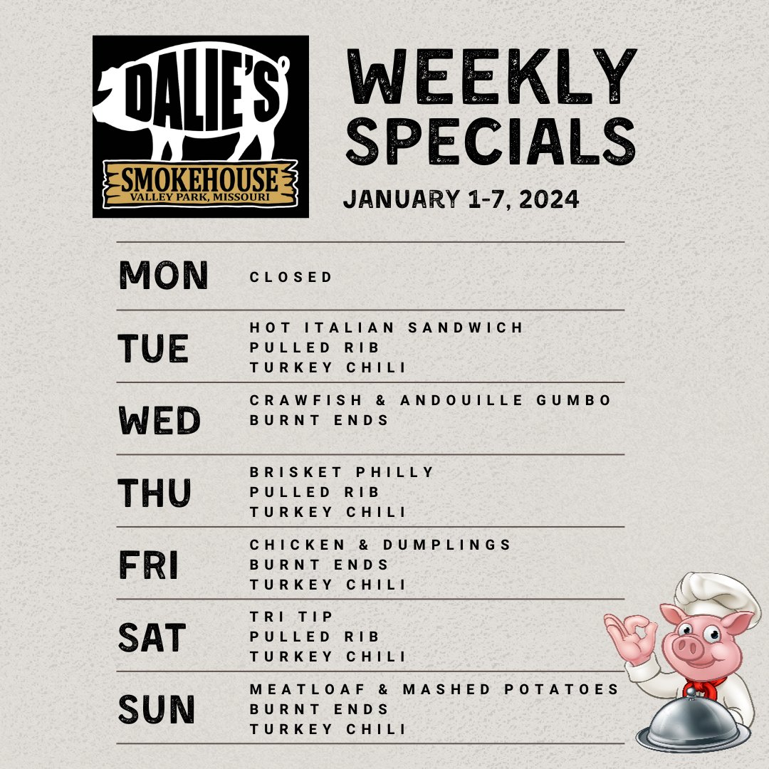 Morning! 👋

We're kickin' off 2024 with our Hot Italian Sammy, Pulled Rib and Turkey Chili specials, and our crew is looking forward to seeing you this week! 🔥🔥🔥

#daliessmokehouse #smokehouse #bbq #food #smokedmeats #stleats #eatlocal #valleypark #kirkwood #stlouis