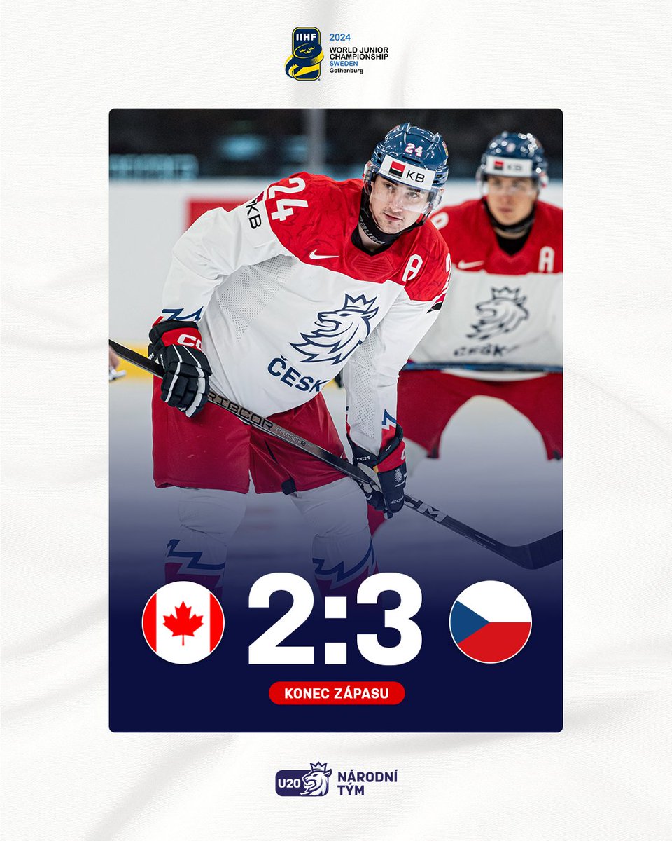 czehockey's tweet photo. HALOOO? 😳 TADY SEMIFINÁLE!!! ✅

🇨🇦⚔️🇨🇿 2:3

#CANCZE #narodnitym #ceskyhokej #WorldJuniors https://t.co/2InmM60n2i