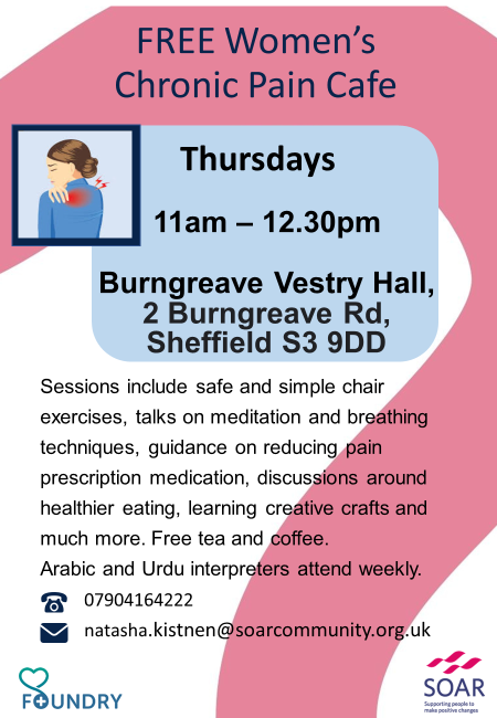 Why not pop along to our Women's Chronic Pain drop in session with our partners @soarcommunity at Vestry Hall, Thursdays at 11am. Helpful tips, advice and support to manage your pain and live healthier.