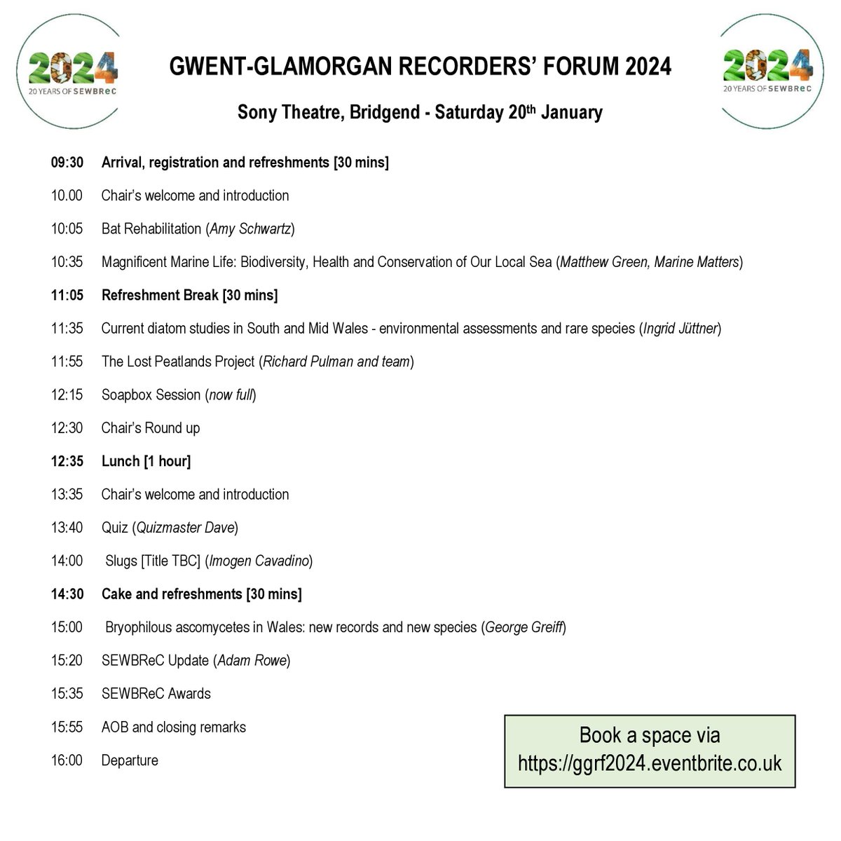 #HappyNewYear! There are just a few more days to book on the Gwent-Glamorgan Recorders' Forum. Join us in Bridgend on 20th Jan to celebrate Welsh wildlife (and SEWBReC's 20th anniversary 🥳) Secure a free space here: ggrf2024.eventbrite.co.uk (booking closes on Friday)