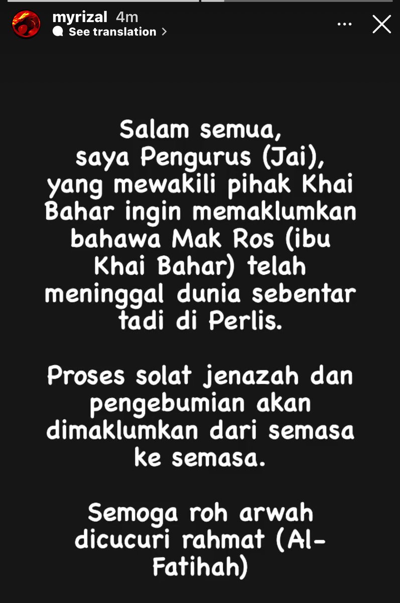 KhaiBaharEmpire's tweet photo. Innalillahiwainnailahirojiun
Allahummaghfir laha warhamha wa 'afihi wa a'fu 'anha

Khabar duka. Ibu kesayangan @khaibahar94_ telah menghembuskan nafas terakhir sebentar tadi. 

Salam takziah buat Khai Bahar & seluruh keluarga, sanak saudara & teman2. Moga semuanya dipermudahkan. 

Stay strong Khai.