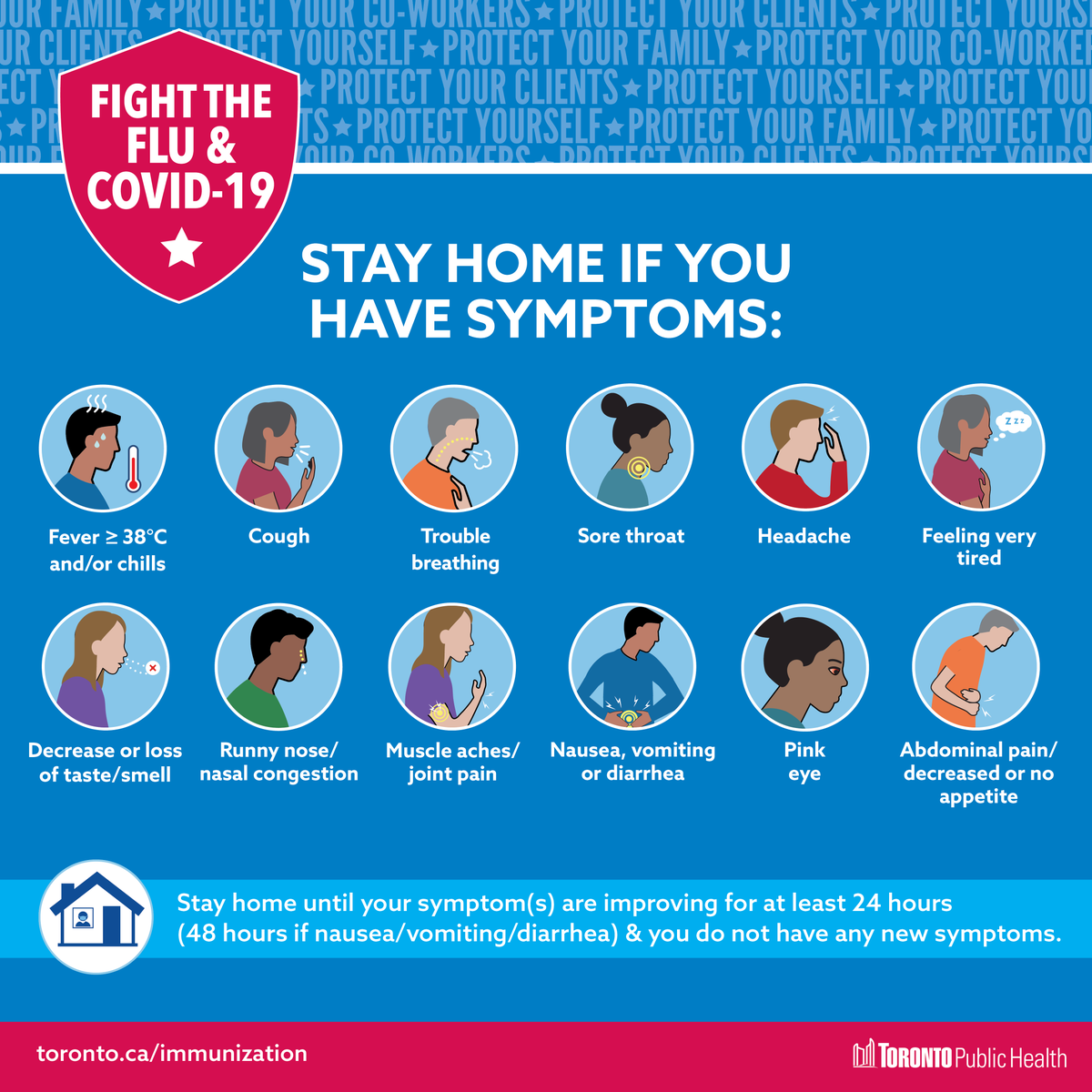 Feeling under the weather? Help keep loved ones & your community safe by staying home if you feel any of these symptoms 👇 Learn more: toronto.ca/community-peop… #flu #COVID19
