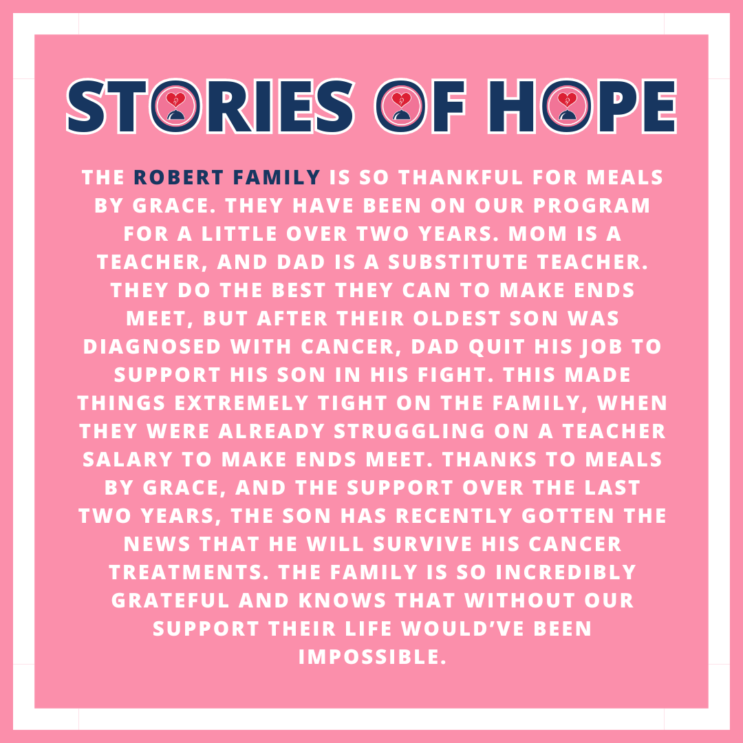 Check out this triumphant story from one of our Meals by Grace families.

Receiving support has made them feel like life is possible again.

Let's continue giving families what they need, so that they can feel empowered, capable, and supported in everything they do!