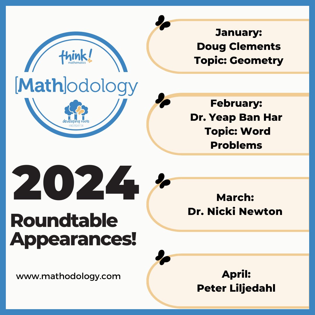 Mathodology's tweet photo. Here's what's in store for 2024! We are excited to have some first-time guests on our remaining Roundtable sessions of the school year!
Each Roundtable session is free and open to the public. We hope to see you there!
#teacherresources
#elementarymath
#webinar
#mathodology https://t.co/AbbKaaCRue