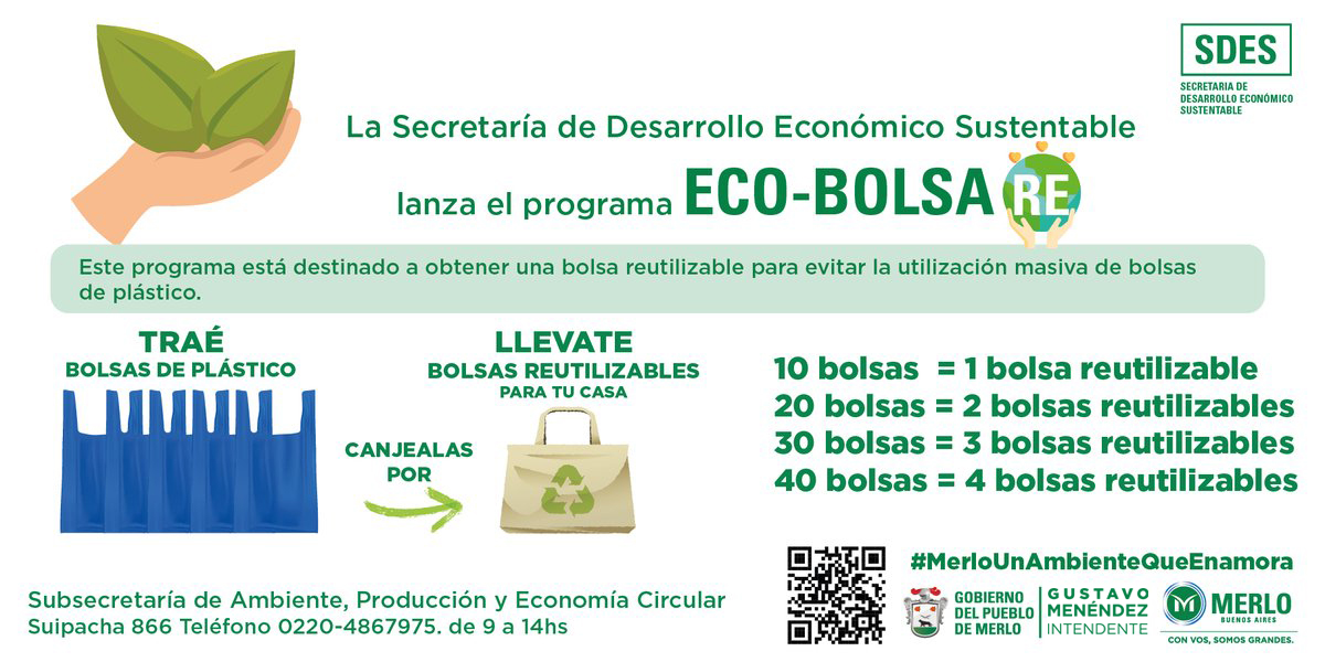 MerloGob's tweet photo. La Secretaría de Desarrollo Económico #Sustentable de #Merlo pone a disposición este programa destinado a obtener tu #BolsaReutilizable 
👉De lun a viernes
🕐De 9 a 14 hs
📞 0220-486-7975
Traé bolsas de plástico para canjearlas  #GustavoMenéndezIntendente https://t.co/WnuP9NrRdM