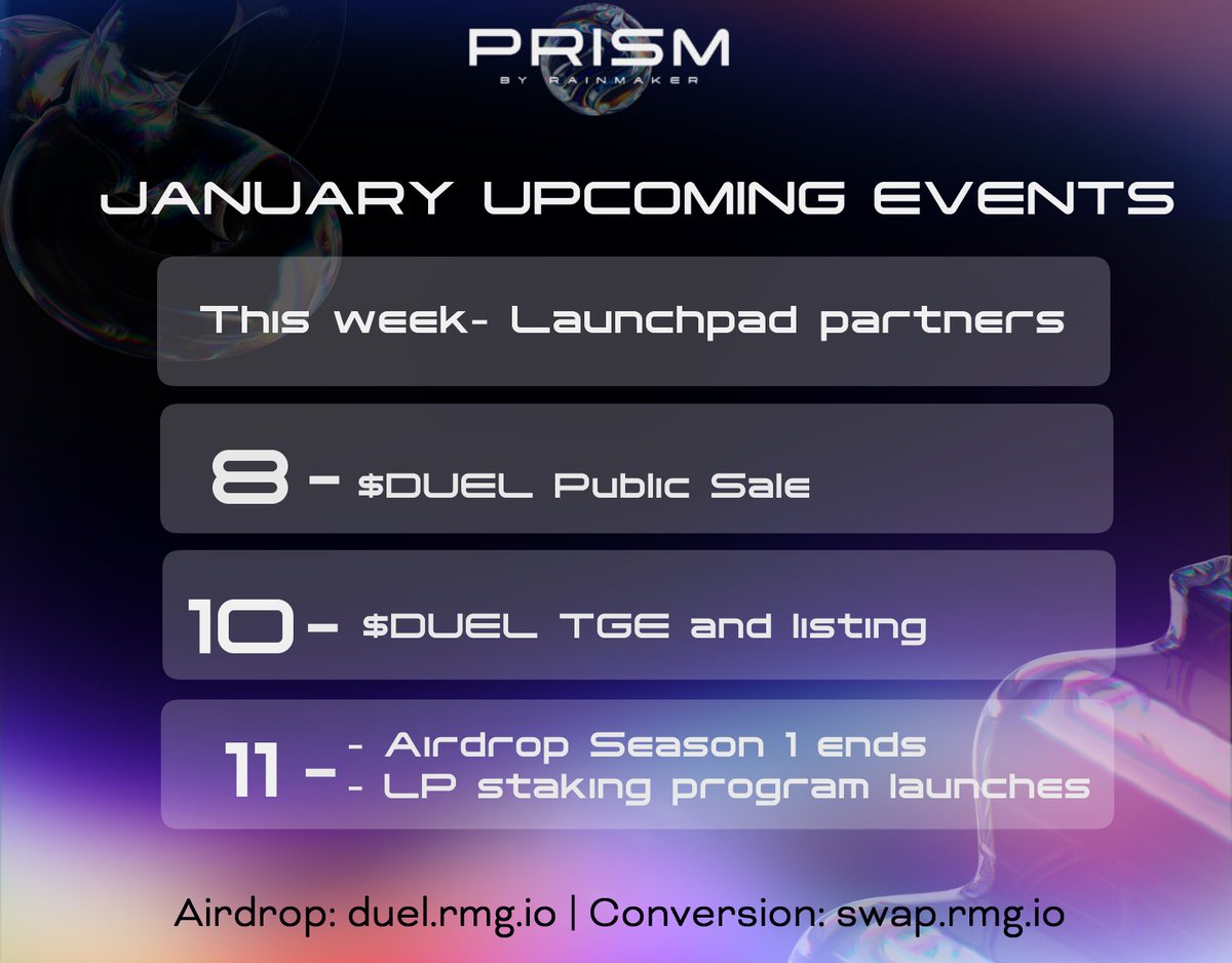 Gamegptofficial's tweet photo. An Exciting Week Ahead Rainmakers 🚀

It’s finally time to take a look at some of the biggest events coming this month. 🌐 Here's a sneak peek at what's in store for the community as we go full speed into 2024!

🌟 Launchpad Partners: This week we're lifting the curtain on our latest list of incredible launchpads that will help us get $DUEL out to as many people as possible! Keep an eye on X for every partnership announcement.

🎉 $DUEL Public Sale - January 8: A golden opportunity awaits! Dive into the future of gaming with our $DUEL Public Sale on Fjord Foundry. Get in early and there’s even a few bonus surprises 👀

📈 $DUEL Takes Center Stage January 10: Join in as $DUEL makes its grand entrance with our Token Generation Event and Exchange Listing. This brings us one step closer to truly revolutionizing how gaming economies take blockchain to the next level.

🎁 Airdrop Season 1 Finale - January 11: It's your last chance to claim your treasures! 

Join us as we wrap up an incredible season of airdrops. Don't miss out on those points and keep posting about Rainmaker and $DUEL. ⏳

🤖 LP Staking Program Launch - January 11: Embark on a new adventure with our LP Staking Program. Be part of something bigger by helping to maintain a robust ecosystem and get rewarded for it.

As you can tell it's going to be a little busy this next week. New launchpads, our Public sale & TGE, LP staking, along with the finale of our first Airdrop season. That’s a lot to keep up with, so mark your calendars now.

We're more than a game studio; we're a community focused on bringing the best of what AI and web3 have to offer for gamers around the world. Join us on this ride and be part of the gaming evolution!  

👉 Follow our socials for the latest in our partner and $DUEL launch updates!