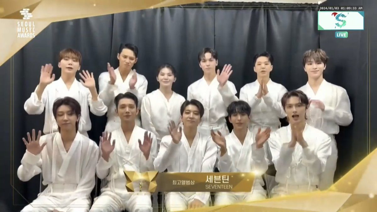 33rd Seoul Music Awards (SMA) -

🏆 Bonsang - SEVENTEEN
🏆 Best Album - SEVENTEEN

congrats boys!! 2 trophies for tonight!!!  🥳✨ <a href="/pledis_17/">세븐틴(SEVENTEEN)</a>
