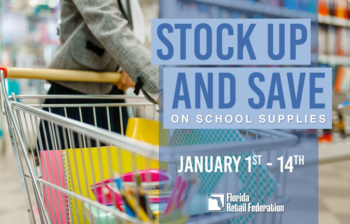 FloridaRetail's tweet photo. Floridians can now stock up and save on school supplies again! Families can purchase back-to-school items tax-free now through January 14. Be sure to #FindItInFlorida! https://t.co/TBPs1RKTBx