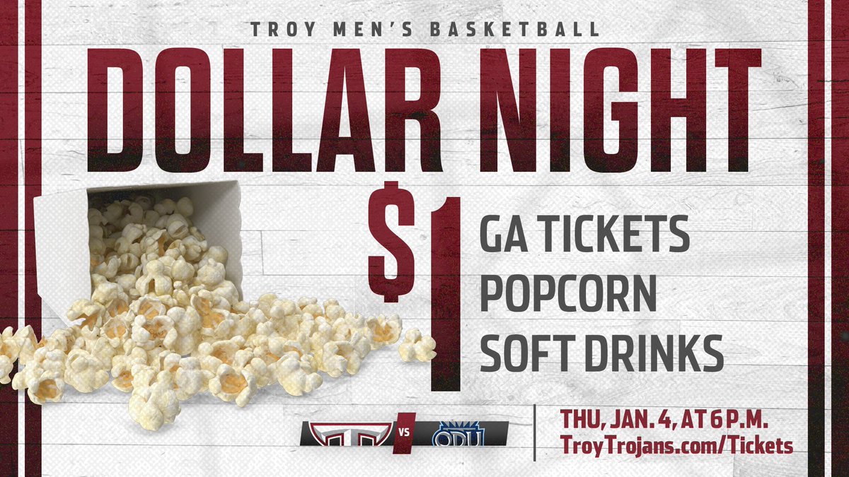 TroyAthletics's tweet photo. Start the year off right with Dollar Night in Trojan Arena!
🎟️: https://t.co/5OKtXF2bfk
#OneTROY ⚔️🏀 https://t.co/TA4Z6GSLwN