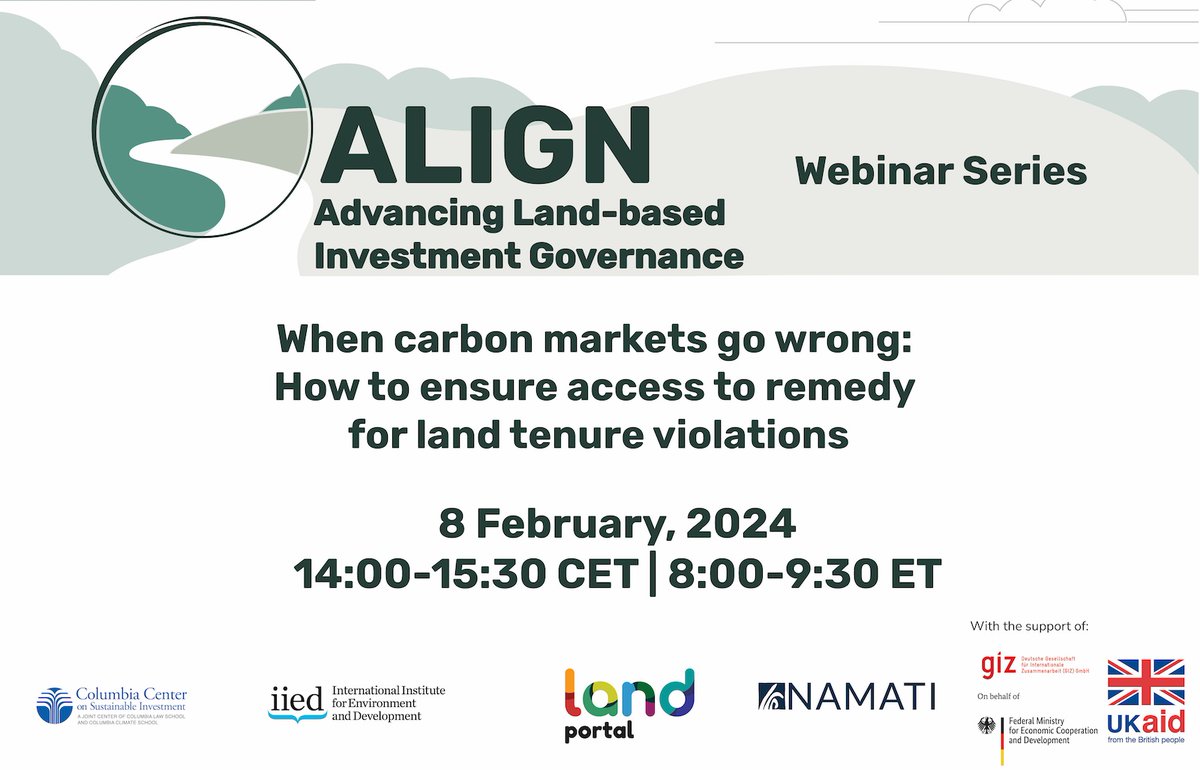 #Webinar

'When #CarbonMarkets go wrong: How to ensure access to remedy for land #tenure violations?'

Explore what access to #remedy might look like for #communities in the global carbon market system.

📆8 Feb. 14:00 - 15:30 CET

📝More info &amp; register - landportal.org/event/2023/12/…