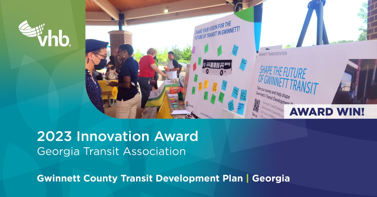 Congratulations to <a href="/GwinnettGov/">Gwinnett County</a> for winning the 2023 Georgia Transit Association Innovation Award for their Transit Development Plan!

VHB worked alongside the County &amp; <a href="/FoursquareITP/">Foursquare ITP</a> to provide essential connections to services through reliable and sustainable transportation.