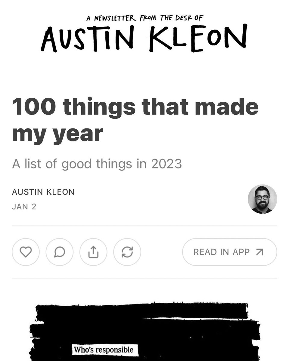 My big top 100 year-end list has dropped My favorite thing I write — and somehow this is its 10th year?!? open.substack.com/pub/austinkleo…