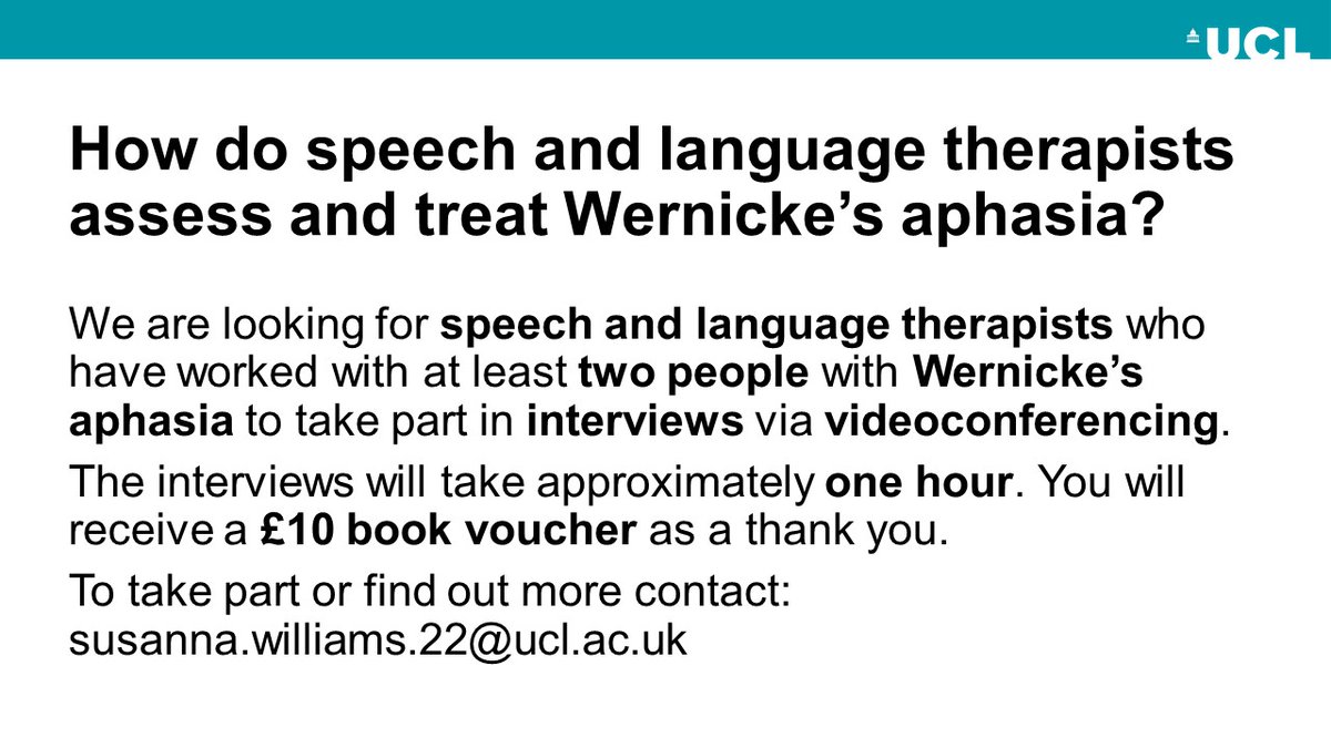 Are you a #SLT working with people with Wernicke’s #aphasia? Help us find out about current SLT practice for people with Wernicke’s aphasia? We're interested in hearing from SLTs working in all settings and with all levels of experience. @BCAphasia @SarahNorthcott8