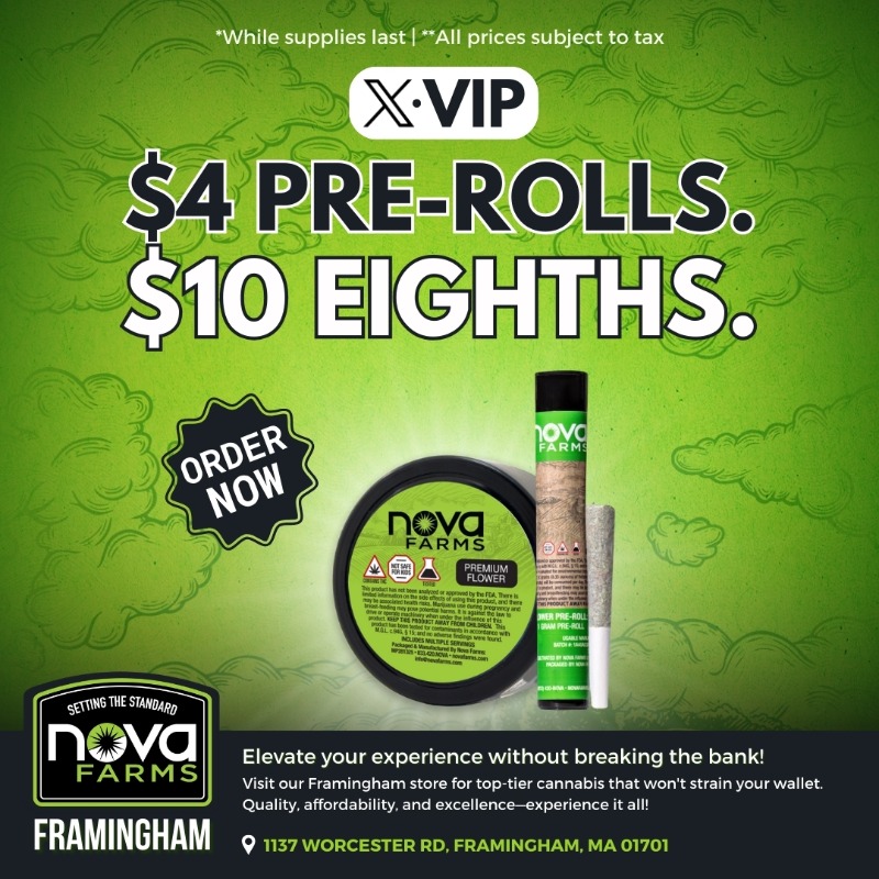 novafarmsretail's tweet photo. Yes, those prices are correct! Quality AND affordability, now at your fingertips at Nova Farms in Framingham! 🌿

Experience the potency of our premium flower without breaking the bank. 💚🚀

Open 7 days a week!🌟