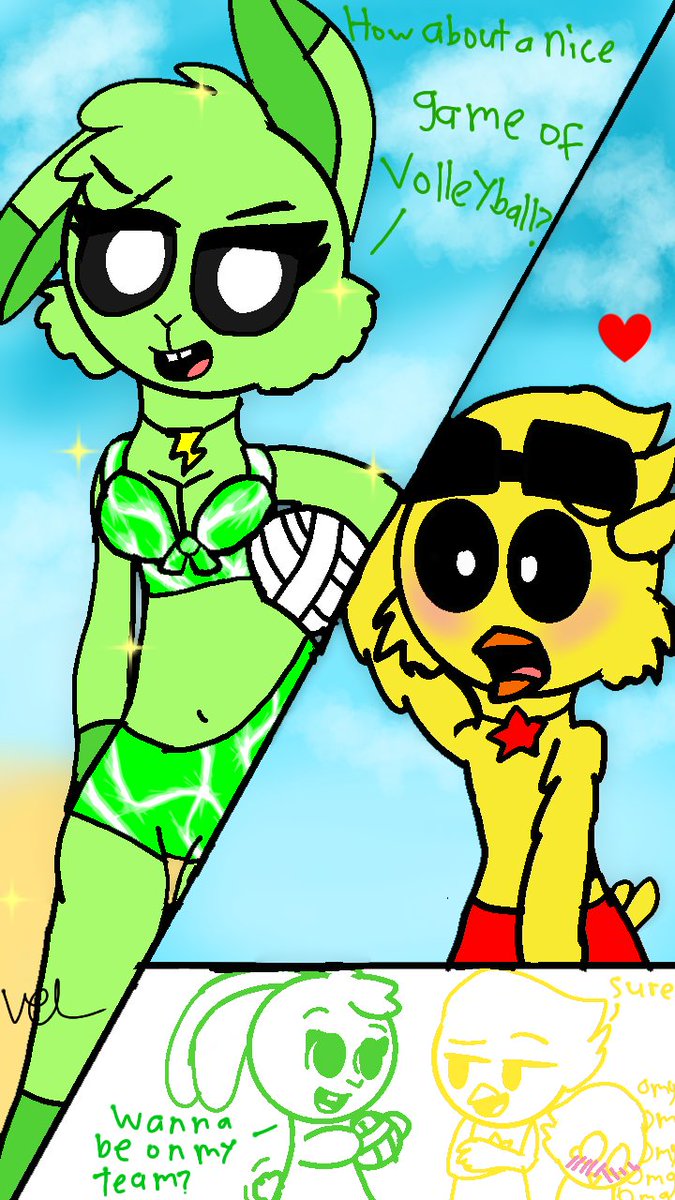 vallreykitten's tweet photo. Just a day at the beach, of course Hoppy wants to play Volleyball, but KickinChicken admires her new Swimsuit. Of Course he tries to keep his cool. Art requested by @ZachLon10909993 #HoppyHopscotch #KickinChicken
#ArtRequested #SmilingCritters https://t.co/d7jPI3VqIy