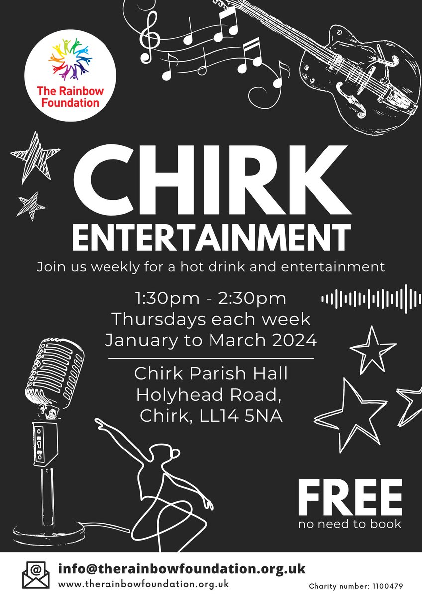 How does completely #FREE entertainment in #Chirk on a Thursday afternoon sound? For the next 13 weeks we will be opening our doors at our Chirk Rainbow Foundation Wellbeing Hub to share the entertainment our clients enjoy with our local community.