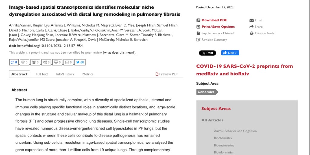 TGenResearch's tweet photo. 1/2 Scientists at TGen are making important strides in understanding fibrotic lung disease by using image-based spatial transcriptomics to identify how molecular changes are associated with distal lung remodeling in pulmonary fibrosis. https://t.co/QzgZSJCwvn