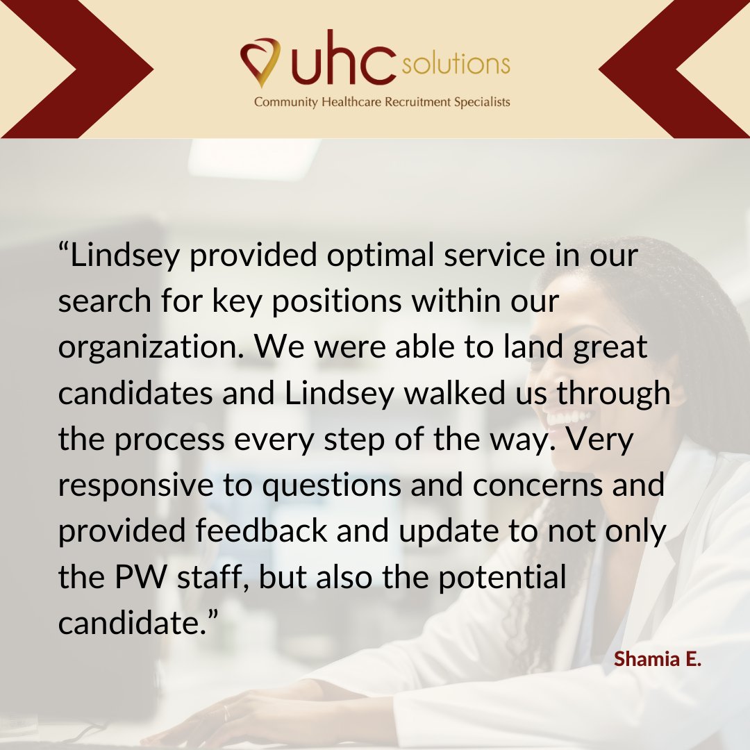 Thank you for your feedback, Shamia! At UHC, we get the job done right every time. Contact us for expert recruiting services. nsl.ink/cqo1. 

#FQHCcareers #FQHCrecruiters #TalentSearch #Careers #JobSearch #Recruiting #Community #Healthcare #ClinicJobs #CandidateSearch