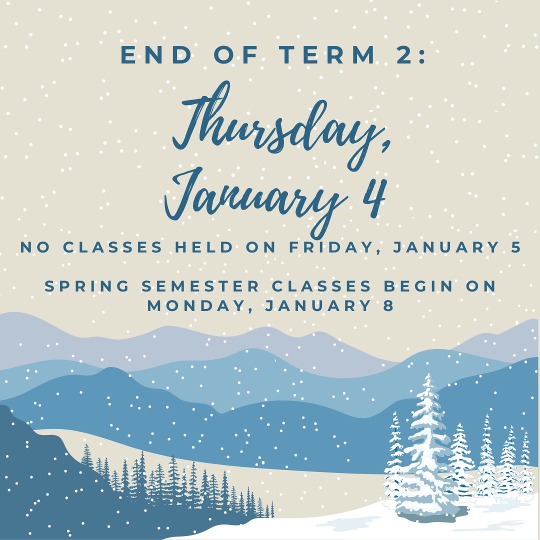 Fall semester ends on Thursday! No classes held on Friday. Be sure to check  your spring/term 3 schedule so you know which classes to attend next week.