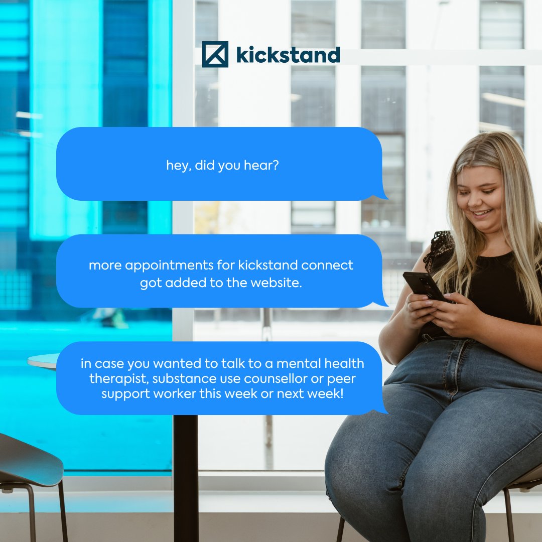 mykickstandca's tweet photo. Spread the word! We've just added more appointments for mental health counselling, peer support, substance use counselling, and employment support to Kickstand Connect. 

Learn more &amp; find sign-up links here: https://t.co/R7A89n92MI https://t.co/3Y52yeD6vj