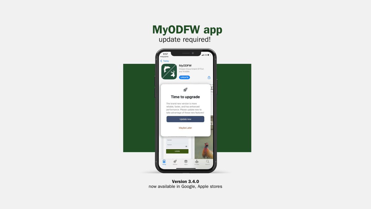 MyODFW app users - it's time to update your app with Version 3.4.0 available in the Apple and Google Play stores.