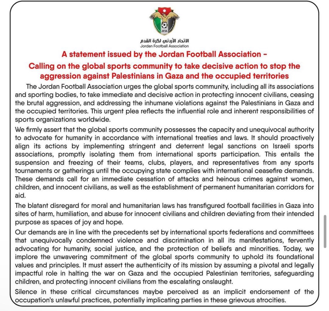 sportingpali's tweet photo. A statement issued by the Jordan Football Association 🇯🇴 

#sportingpalestine #jordan #palestine https://t.co/5DDSMy3G0Z